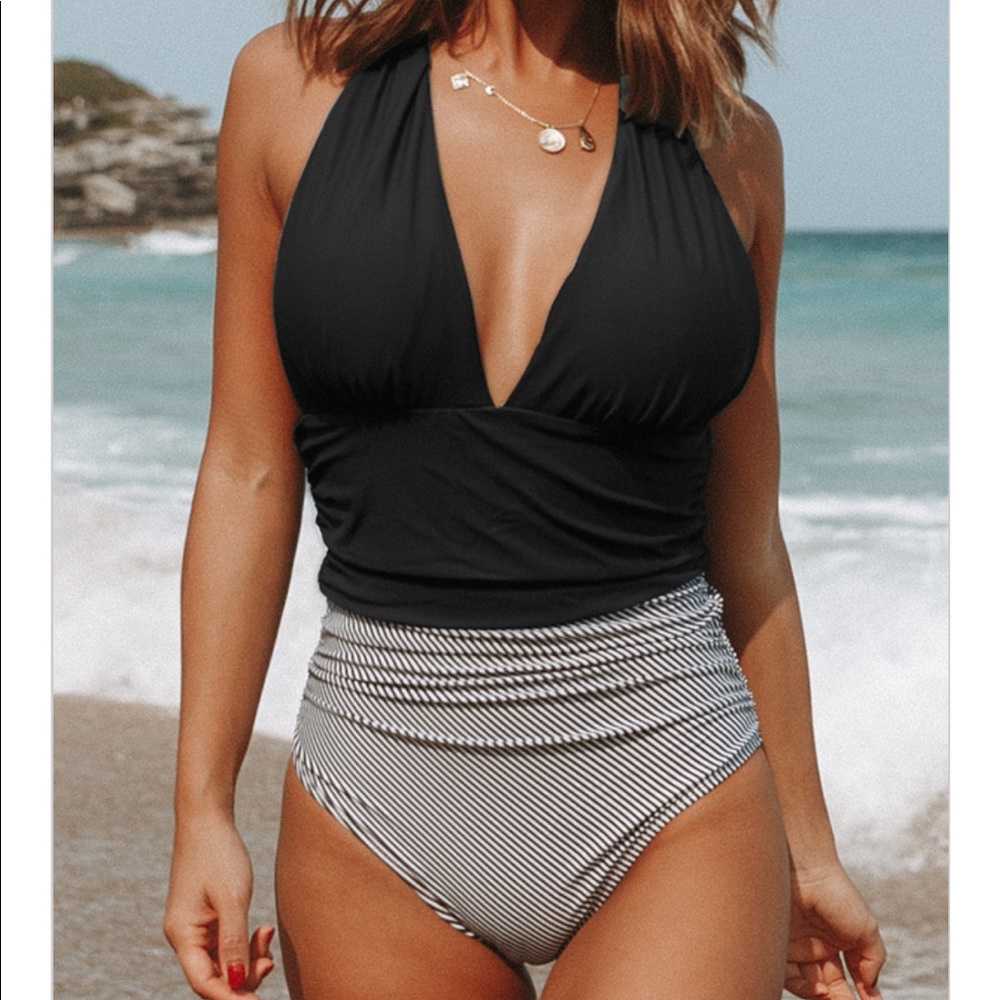 Halter Neck Retro Stripe Cute One Piece Swimsuit